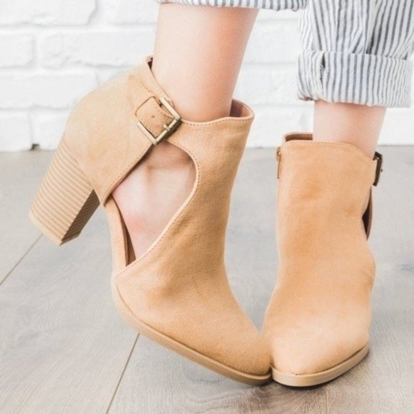 Shoes - Tan side cutout almond toe block heeled bootie